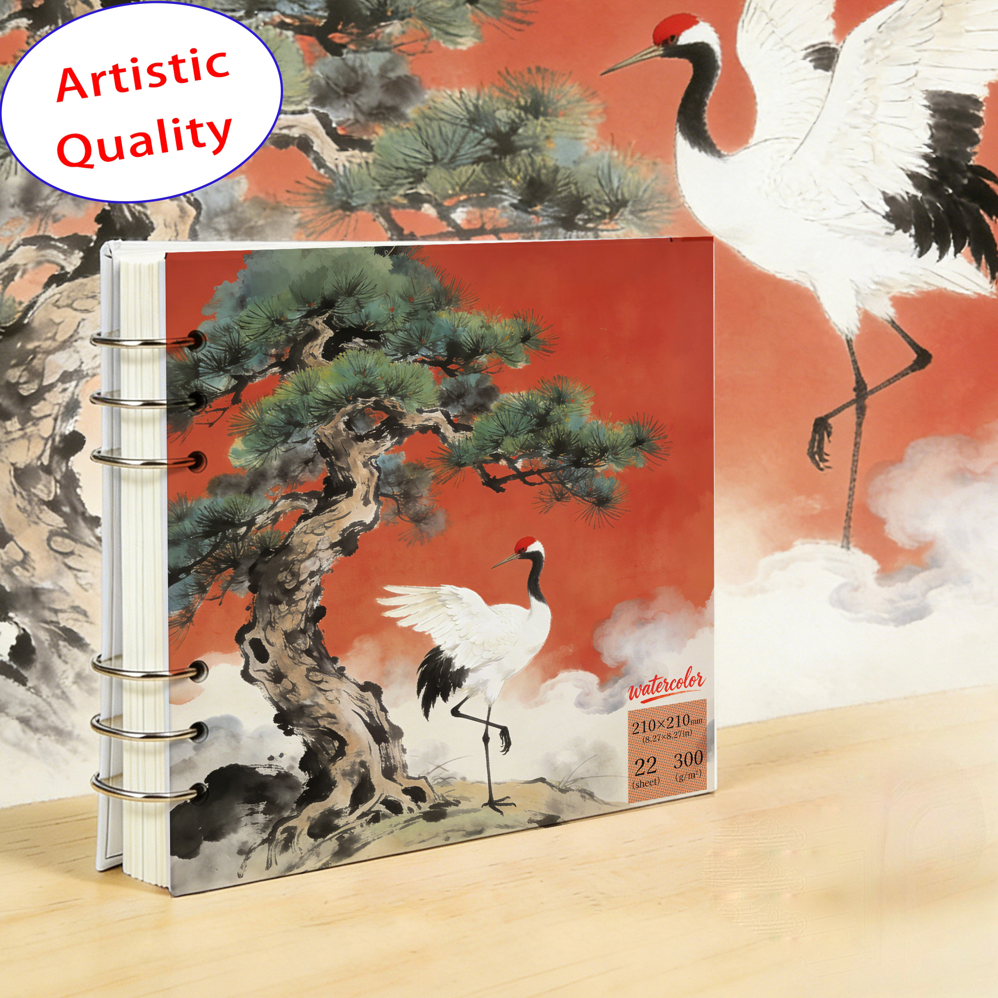 Art Sketchbook Ring - 210x210mm Square Watercolor Pad 300gsm, Crane