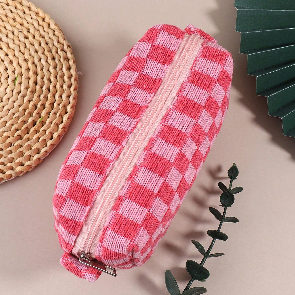 Stationery Office Supply Store - 1PC Pink Checkered Single-Layer Pencil Case,