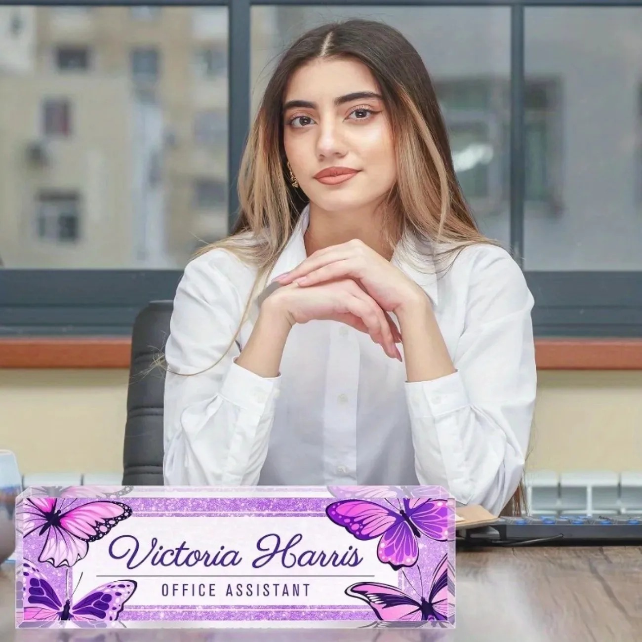 Custom Text Purple Butterfly A - Desk Name Plate avaliação e preço